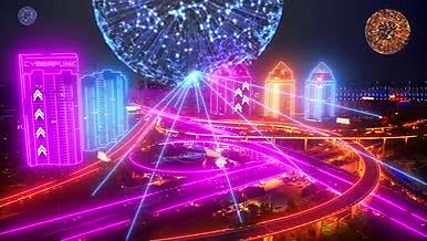 原创4K赛博朋克霓虹城市夜景车流视频特效视频的预览图
